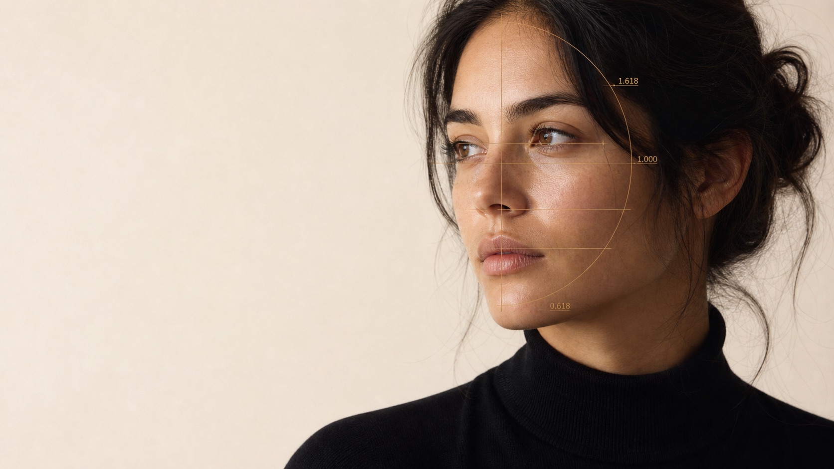 Studio portrait with facial proportion measurements overlaid