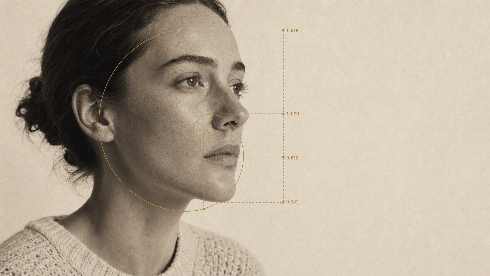 Three-quarter profile portrait with a brass golden spiral and measurement guides drawn over it