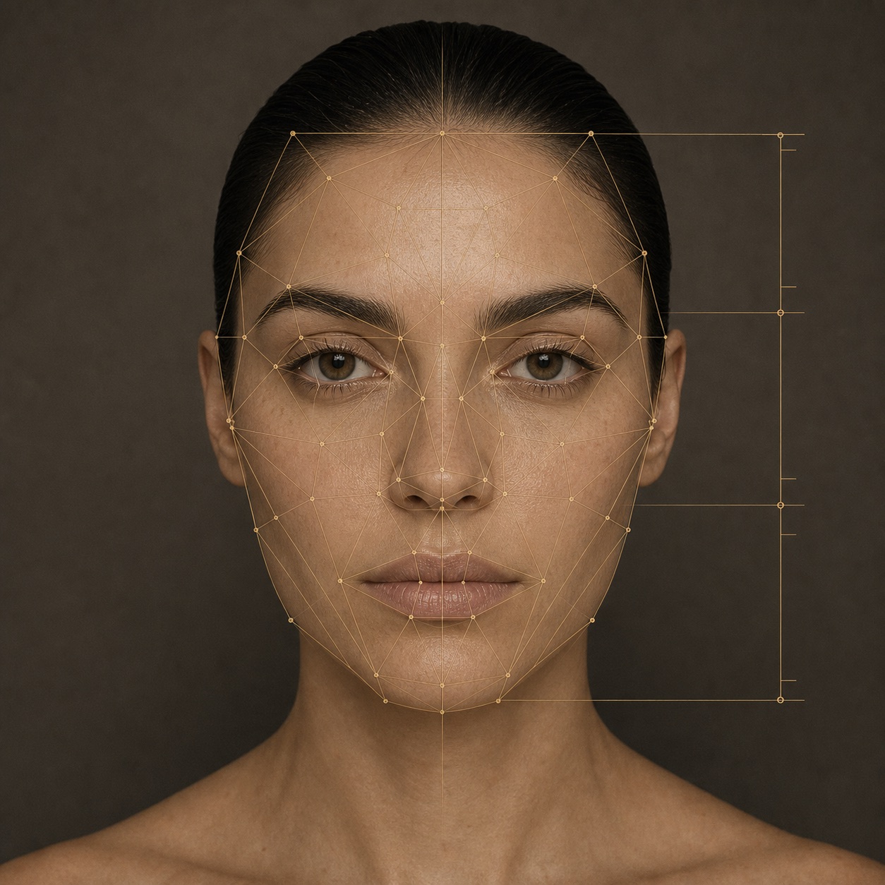 Front-facing portrait with a brass measurement mesh and dimension brackets drawn over it