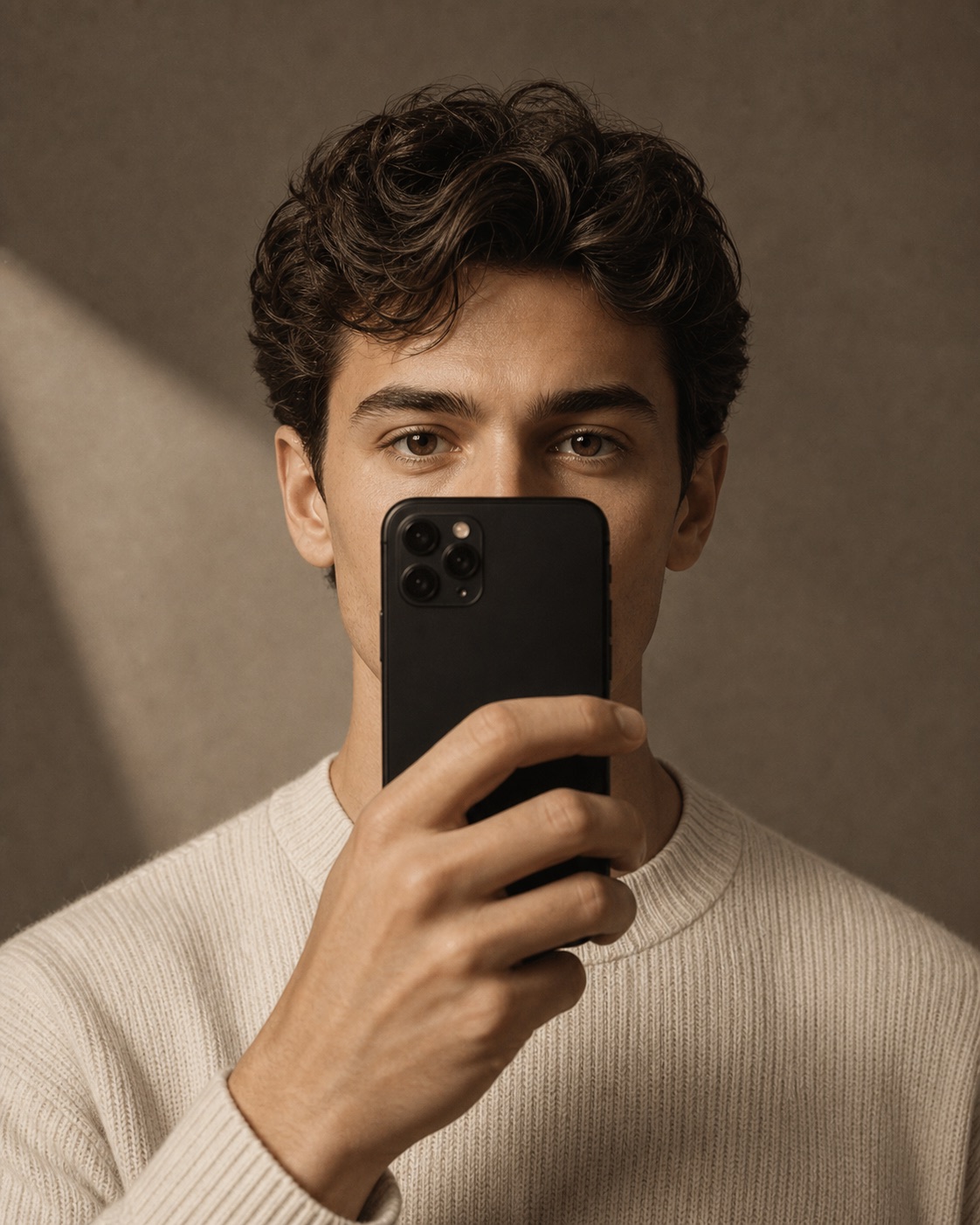 A man holding a phone to take a front-facing photo of himself