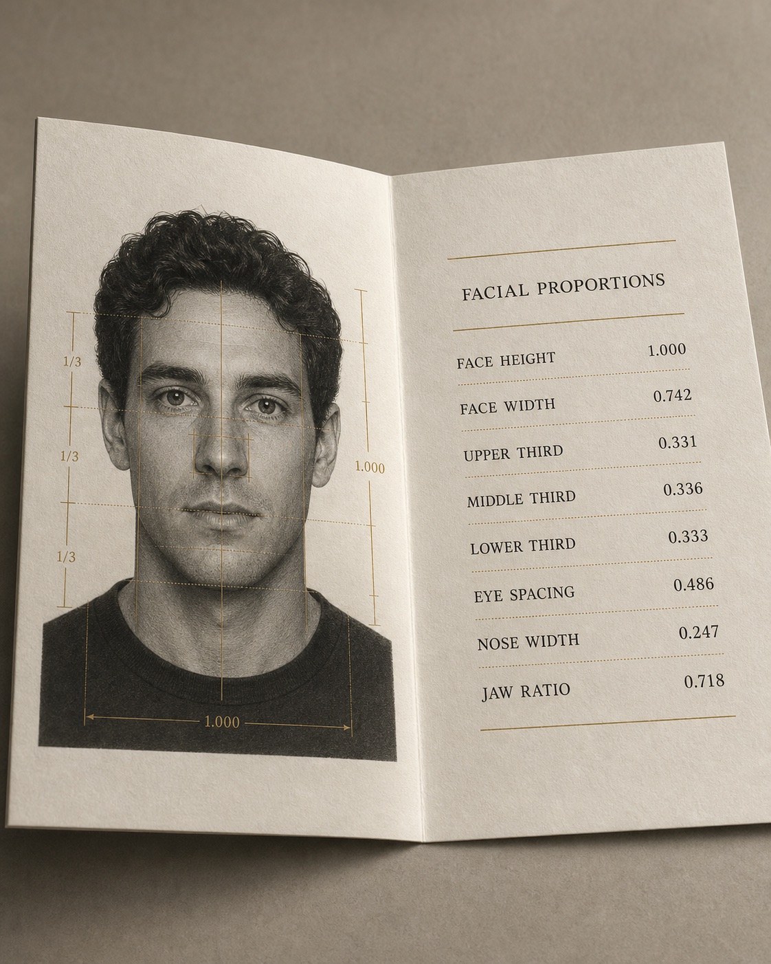 A printed proportion report showing a measured portrait beside a column of ratios